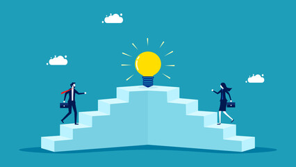 Competitive motivation and knowledge. businessman walks up the stairs to win a light bulb vector