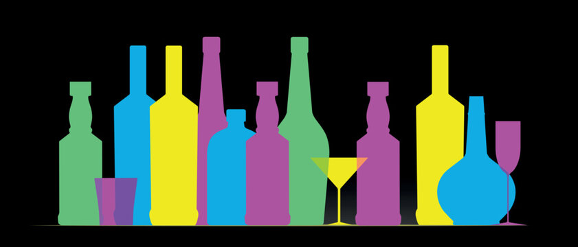 Collection of alcoholic drinks. Vector illustration in neon colors. Bar shelf