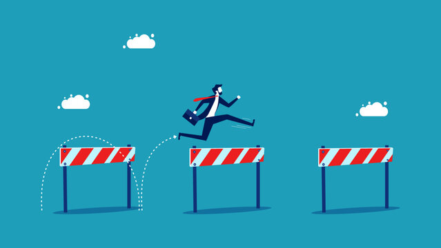 Overcoming Obstacles. Businessman Jumping Over Obstacles In The Way. Vector Illustration Eps