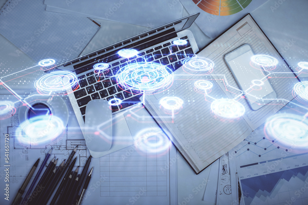 Poster Social network hologram drawings over computer on the desktop background. Top view. Multi exposure. Concept of people connection.