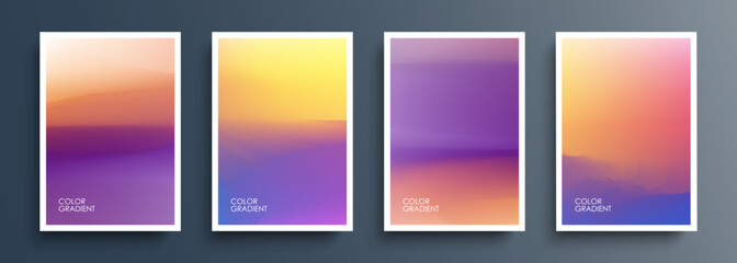 Sunset and Sunrise. Set of abstract backgrounds with dynamic color gradients. Graphic templates collection for brochures, posters, flyers and covers. Vector illustration.