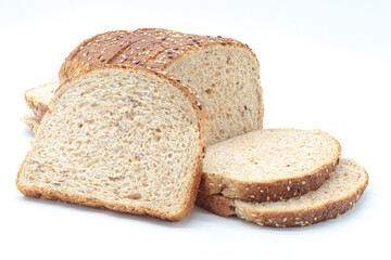 sliced ​​wholemeal bread, on white background. Concept of healthy food, balanced breakfasts, fiber foods.