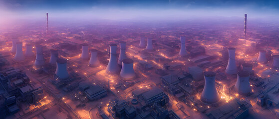 Fototapeta na wymiar Artistic concept illustration of an aerial nuclear power plant, background illustration.