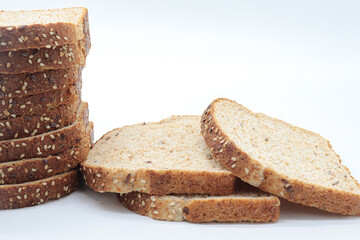 sliced ​​wholemeal bread, on white background. copy space concept