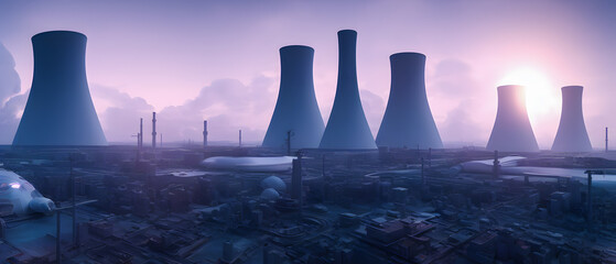 Artistic concept illustration of an aerial nuclear power plant, background illustration.