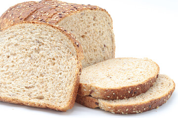 Close-up sliced ​​wholemeal bread, on white background
