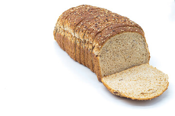 sliced ​​wholemeal bread, on white background. Concept of healthy food, balanced breakfasts, fiber foods.