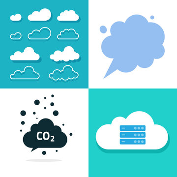 Cloud icon flat and line outline art vector or network internet data server technology symbol, carbon co2 emission dioxide exhaust graphic, think idea bubble design isolated on white clipart image