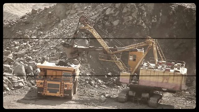 Several shots from the iron ore quarry in one video. Coal mining collage of several frames. Special equipment in iron ore quarry