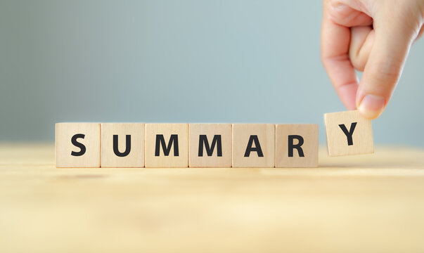 Summary text on wooden cube blocks. Past performance analysis for learning and  improvement. Preparation for business plan and strategy development. Meeting, working, project summary report.