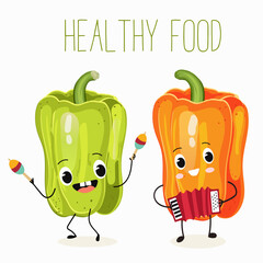 Vector illustration of bell pepper cartoon character playing banjo and accordion, healthy food, ingredient, kids design.