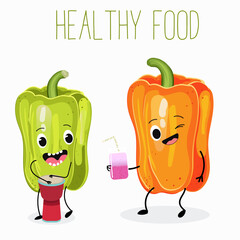 Vector illustration of a cartoon character a couple of bell peppers having fun, playing the ethnic, African drum, sipping a cocktail. Healthy food, ingredient, design for children's t-shirt.