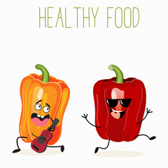 Vector illustration of cartoon character couple of bell peppers having fun, with guitar, ukulele. Healthy food, ingredient, design for children's t-shirt.