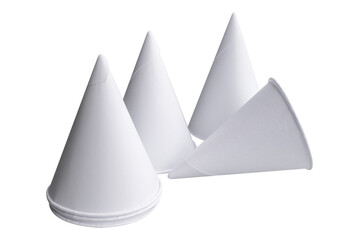 Cone shape disposable paper cups on white background