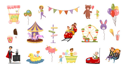 Amusement Park with People Riding Roller Coaster, Magician Showing Trick, Driving Car and Buying Candy Floss Vector Big Set