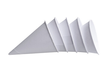Cone shape disposable paper cups on white background
