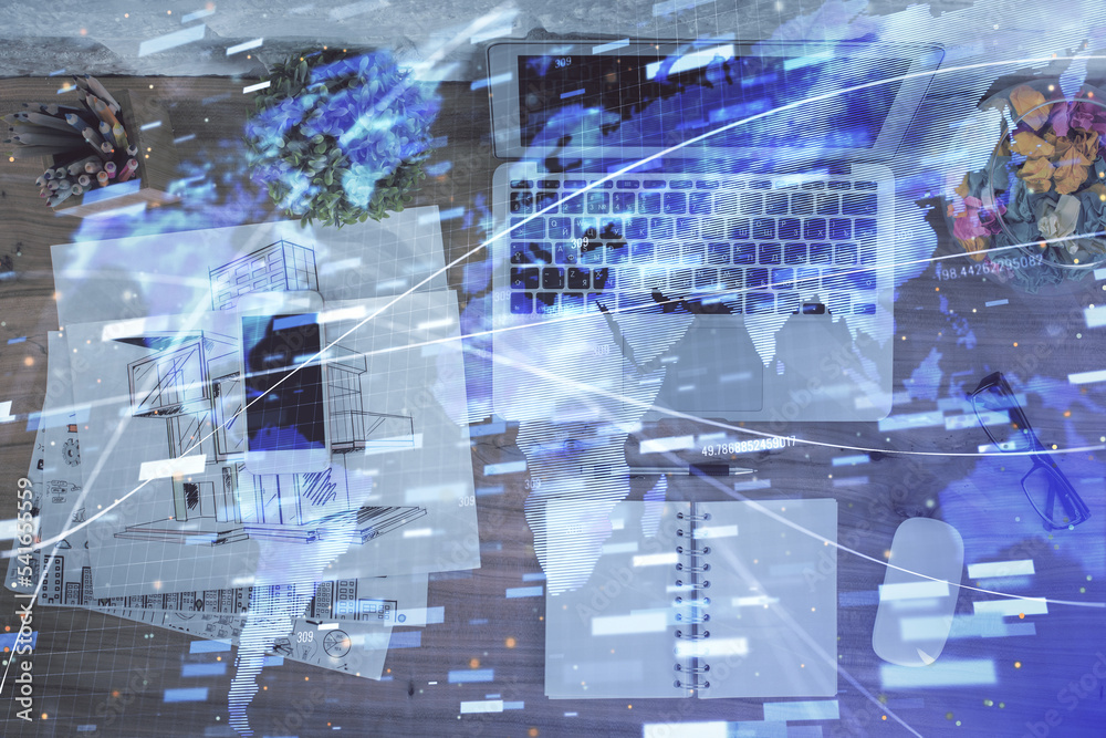 Poster Double exposure of data theme drawing hologram over topview work table background with computer. Concept of technology.