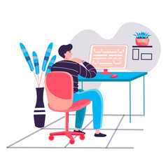 Programmer working at office concept. Man coding code, creating and testing scripts. Software and programs development character scene. Illustration in flat design with people activities