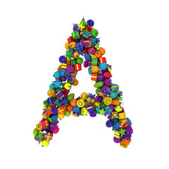 Christmas letters typeface made out of colored ornaments with alpha channel A
