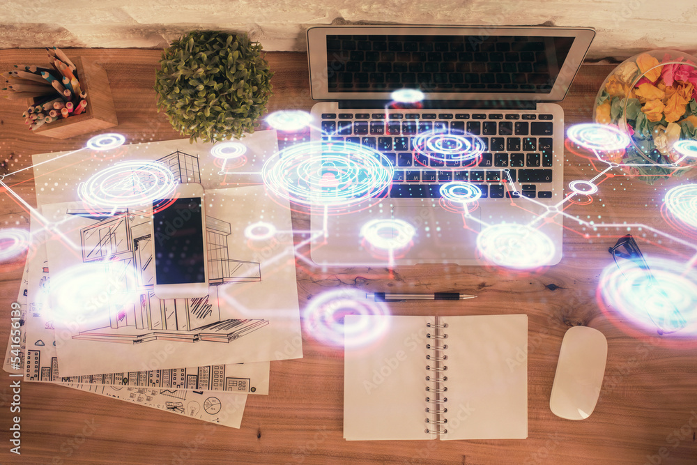Poster social network hologram drawings over computer on the desktop background. top view. double exposure.