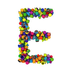 Christmas letters typeface made out of colored ornaments with alpha channel E