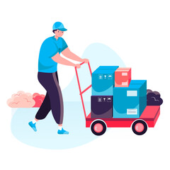 Delivery service concept. Warehouse worker carries parcels boxes on wheelbarrow. Express shipping, distribution, post character scene. Illustration in flat design with people activities