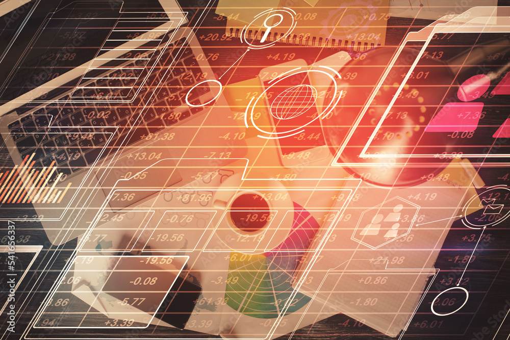 Poster Multi exposure of data theme drawing hologram over topview work desk background with computer. Concept of technology.