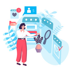 Business process concept. Woman analyst research statistics and analyzes data. Optimization, develops strategy and planning character scene. Illustration in flat design with people activities
