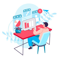 Business process concept. Analyst analyzes data, man works with statistics at computer. Optimization and develops strategy character scene. Illustration in flat design with people activities