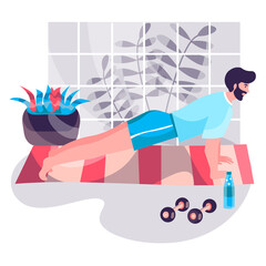 Fitness workout concept. Man does pushing up from floor, exercises with dumbbells. Active sport, body training, wellness character scene. Illustration in flat design with people activities