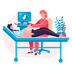 Pregnancy concept. Pregnant woman visiting doctor and makes screening. Caring for health of mother and baby at clinic character scene. Illustration in flat design with people activities