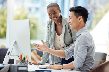 Asian businessman, black woman or computer help in digital marketing startup, advertising agency or...