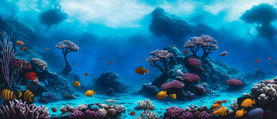 Naklejka na ściany i meble Artistic concept illustration of a underwater coral landscape, background 3d illustration.
