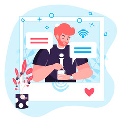 Social network concept. Man posts his photo, receives comments and likes. Internet addiction and online communication character scene. Illustration in flat design with people activities