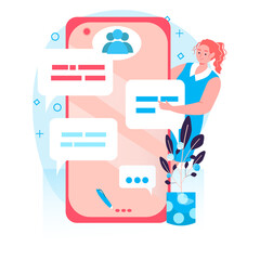Social network concept. Woman chatting with friends using smartphones, browsing. Internet addiction and online communication character scene. Illustration in flat design with people activities