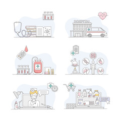 Fototapeta na wymiar Pharmacy, science and medical care signs set. First aid, online consultation, chemical lab research linear vector illustration