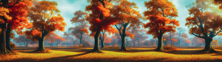 Fototapeta na wymiar Artistic concept painting of a autumn panoramic landscape, background illustration