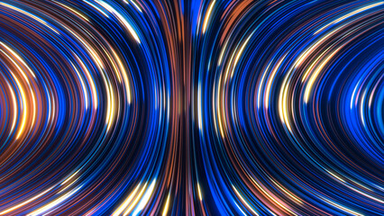 3D rendering of an abstract panoramic neon background with glowing rays