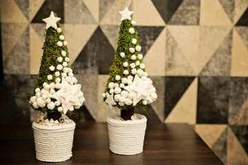 Small Christmas tree. Made of moss. Decorations from orange peel. Christmas spirit at home.
