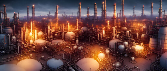 Artistic concept illustration of a aerial oil refinery, background illustration.