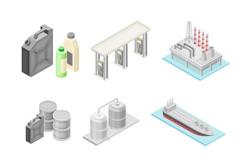 Obraz premium Oil and gas industry elements set. Jerrycan, gas station, barrel, drilling rig production platform, tanker ship isometry vector illustration