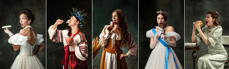 Junk food. Set of images of emotional actress in image of medieval persons from famous artworks in vintage clothes on dark background. Eras comparison concept - obrazy, fototapety, plakaty