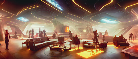 Artistic concept illustration of a futuristic night club, background illustration.