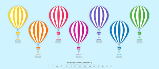 Vector hot air balloon infographic. Business 3D modern infographics concept for chart, web design, interface. Illustration and timeline with seven steps and symbols