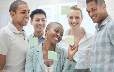 Sticky note, planning meeting and diversity teamwork on brainstorming, advertising success idea or...