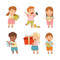 Happy kids with gift boxes set. Cute boys and boys unpacking presents cartoon vector illustration