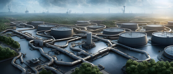 Artistic concept illustration of aerial view of Water Treatment plant, background illustration.