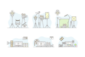 Professional photographer equipment set. Digital camera, photography studio equipment vector illustration