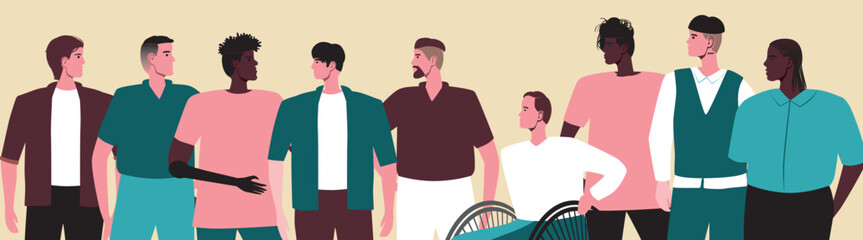 Group of diverse people together, including multicultural or disabled person, flat vector stock illustration isolated for international men's day