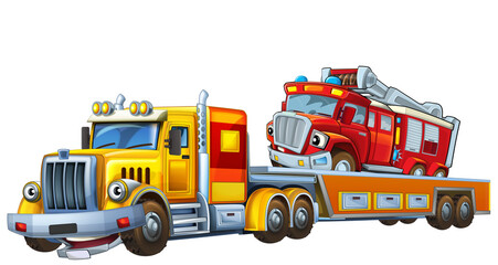 Naklejka premium cartoon tow truck driving with other car fireman